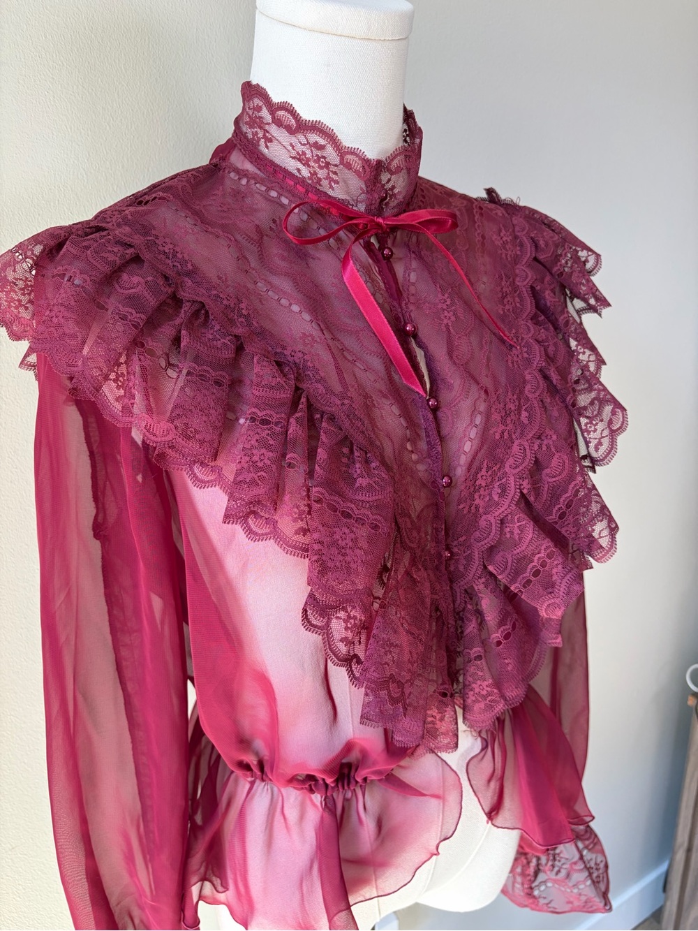 Vintage Maroon Sheer Victorian Ornamental Lace Ruffle Blouse *See Measurements* - Picture 3 of 10